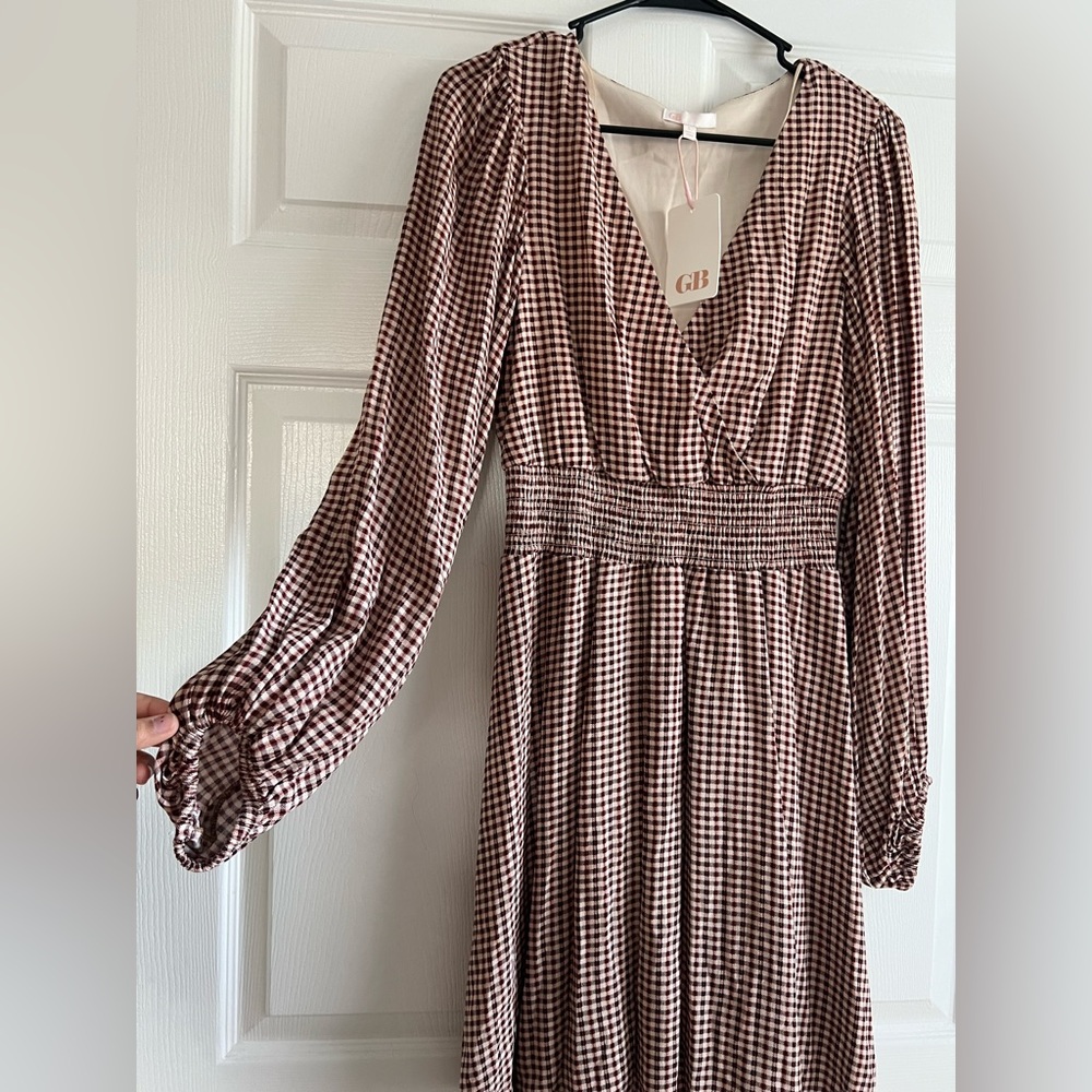NWT GB Gianni Bini Brown Gingham V-Neck Smocked Waist Long Sleeve Dress Large - Picture 6 of 11